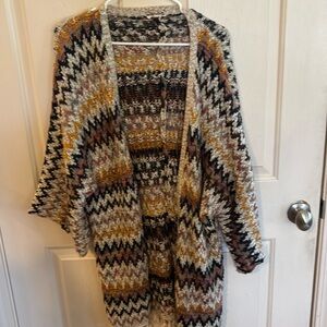 Woman’s cardigan, multi color, Mystree brand, gold metallic, 3/4 length sleeve